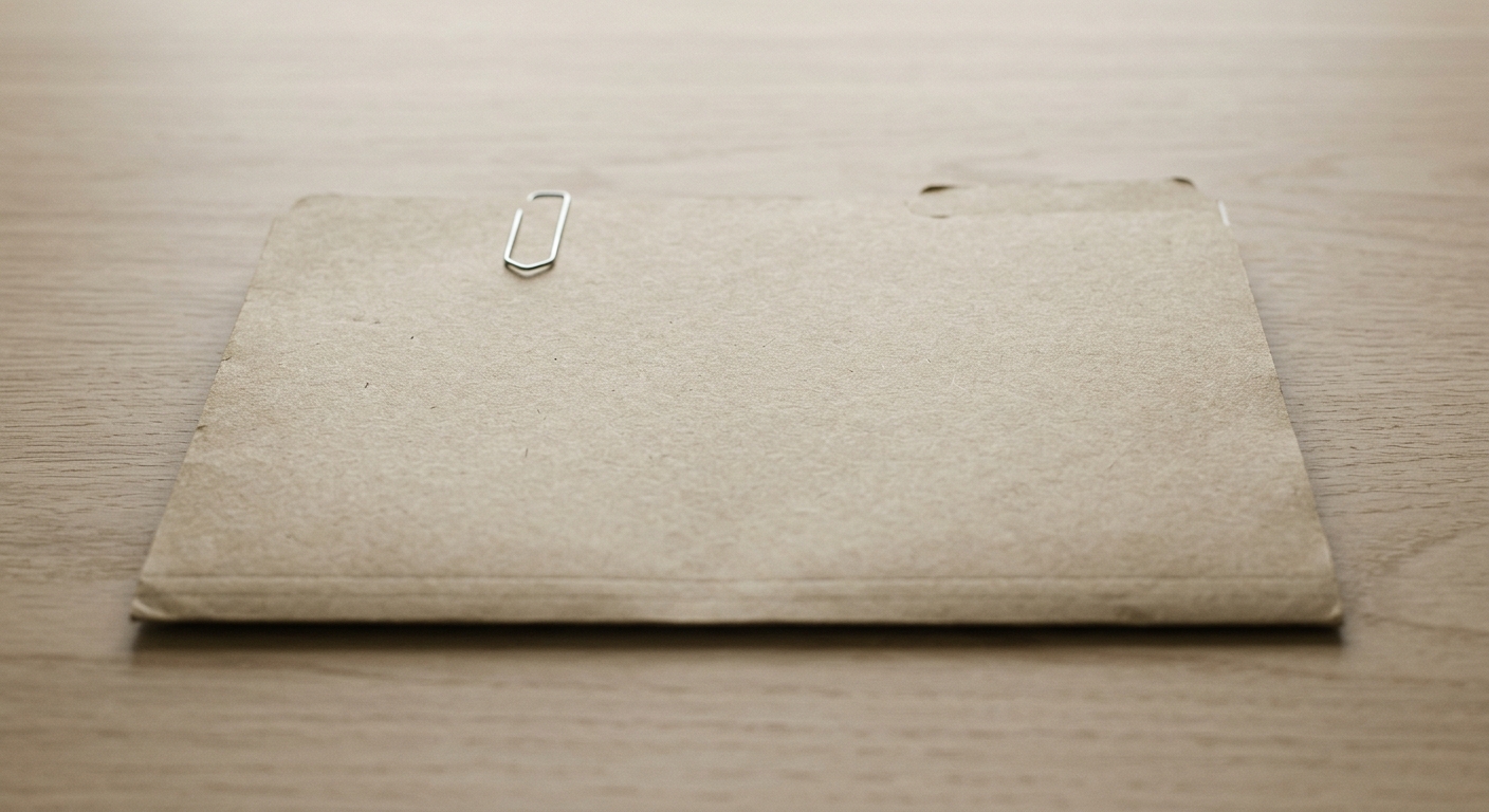 a closed manila folder with a paper clip on a clean desk