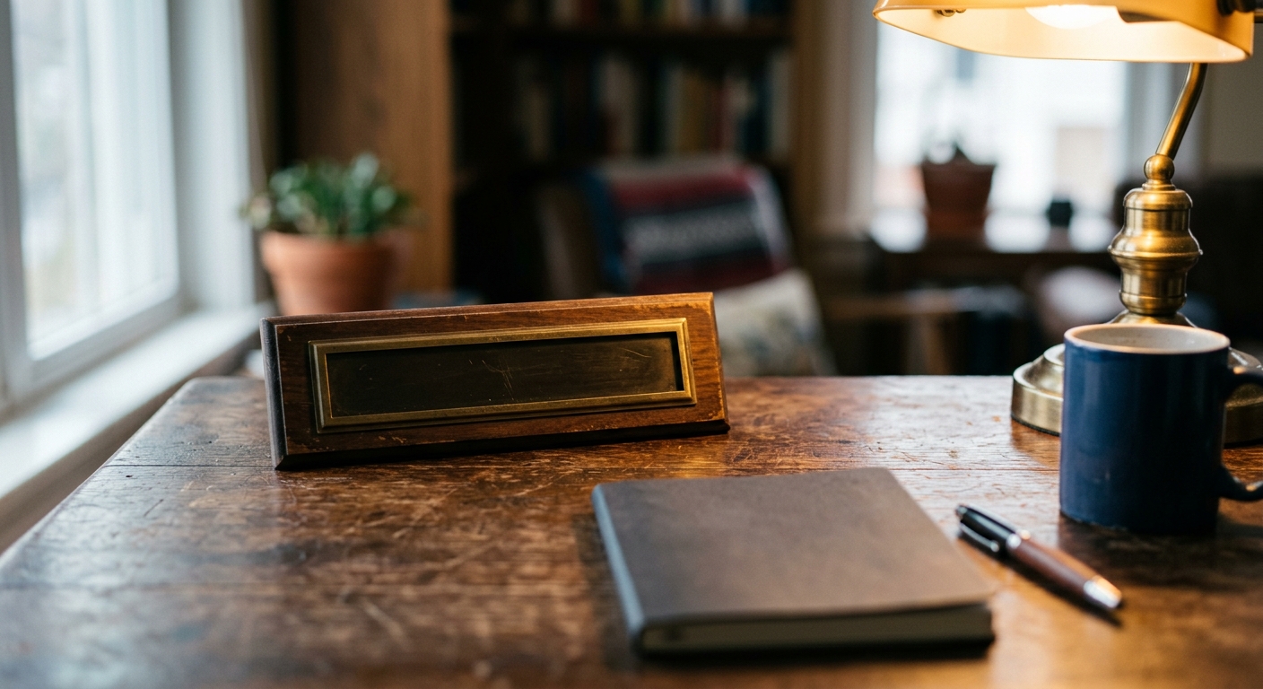 a wooden desk with a nameplate slot left empty