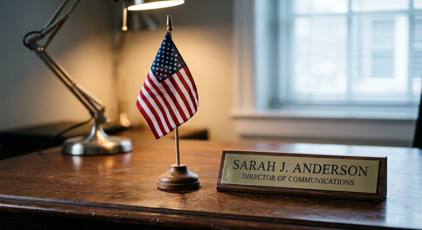 Arizona small american flag standing on a desk beside a nameplate