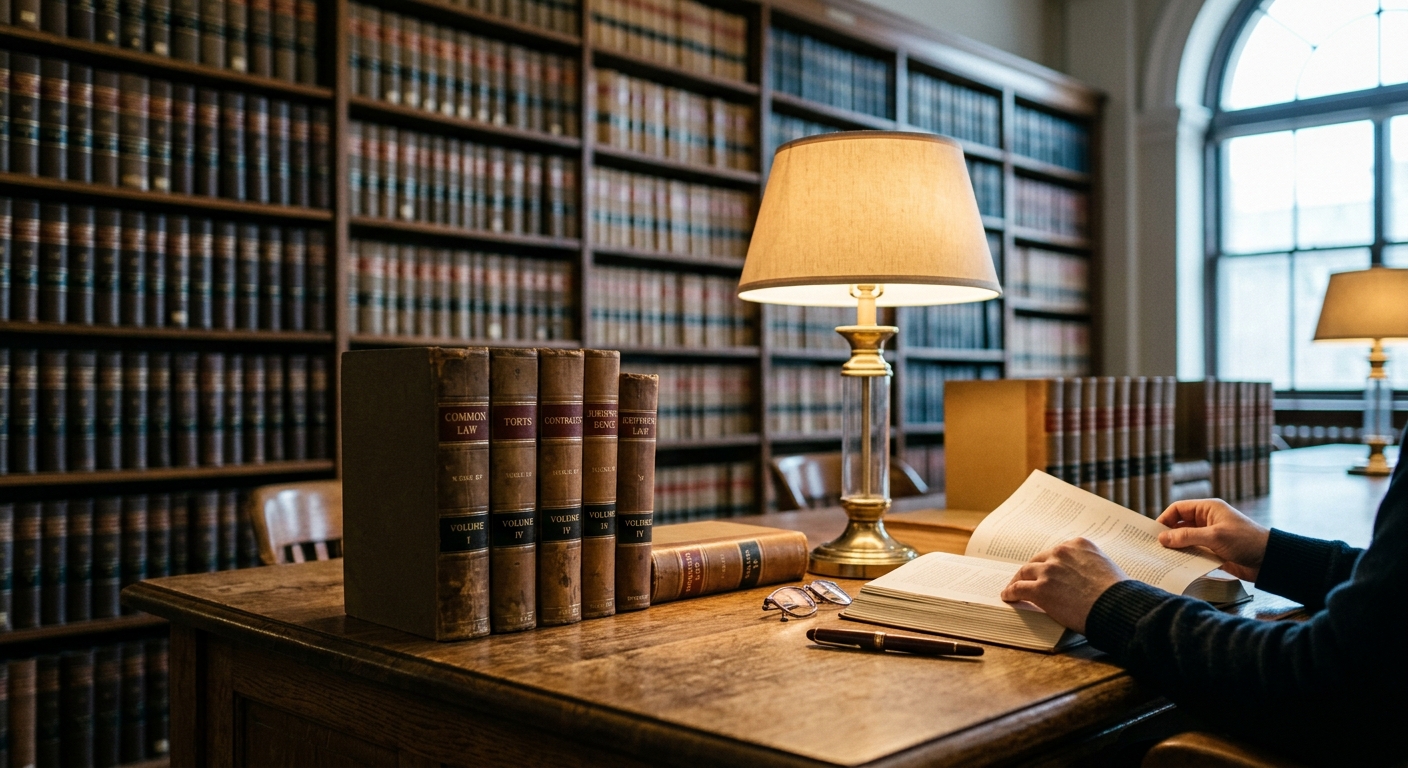 bill of sale: library reading room with rows of law books and a wooden desk