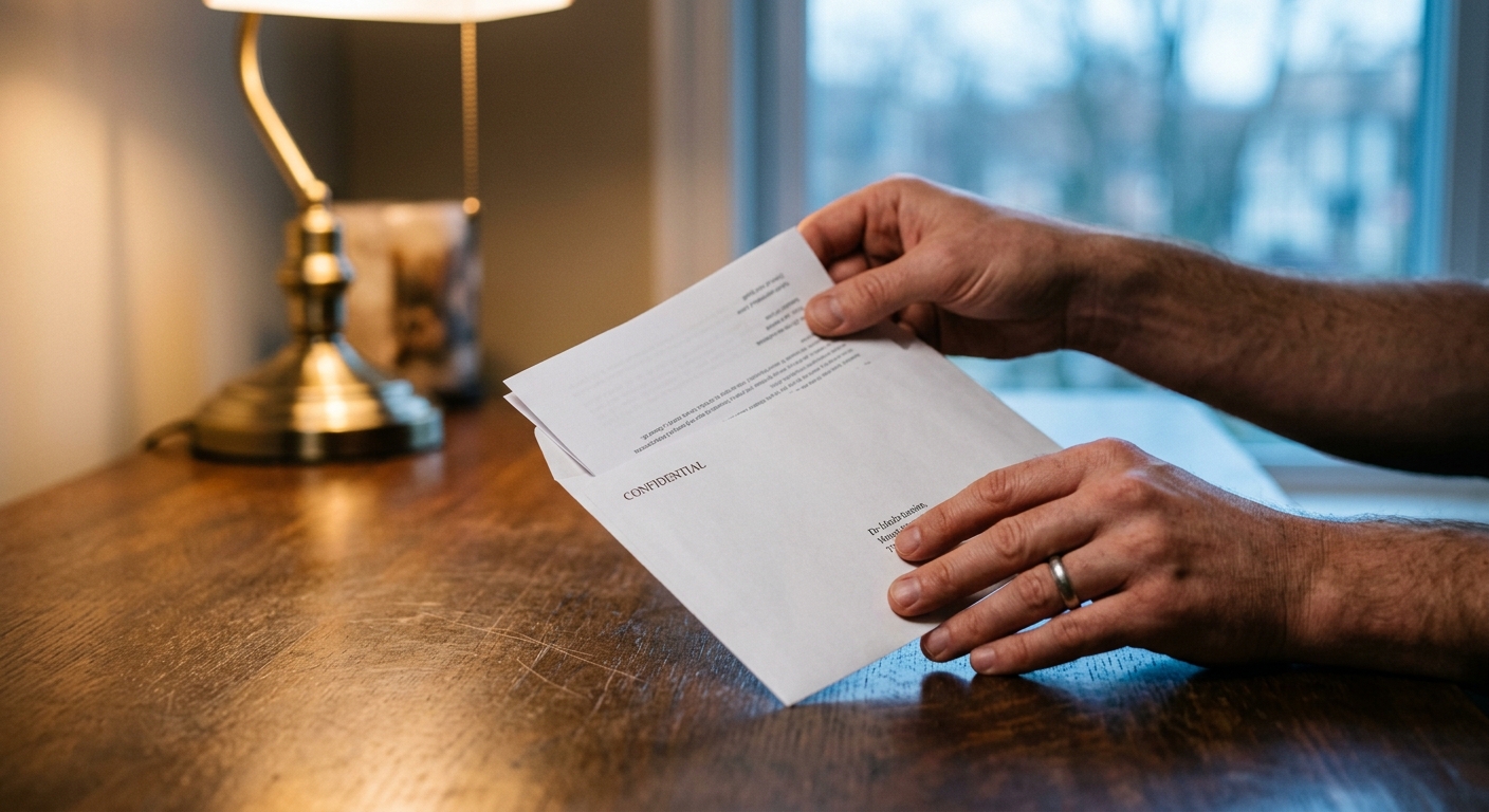 bill of sale: hands placing a document into a white envelope