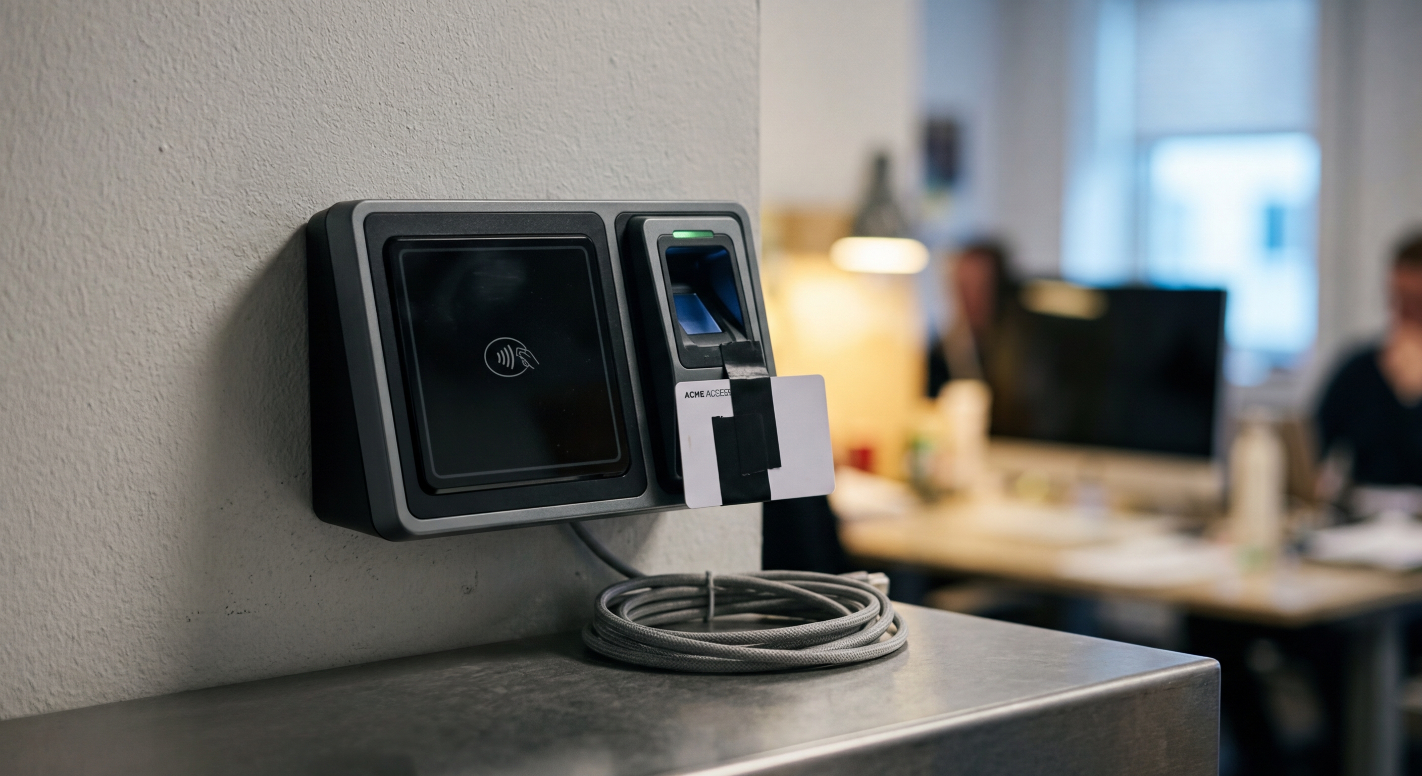 Badge reader on office wall representing DC employer use of biometric access control systems without consent requirements