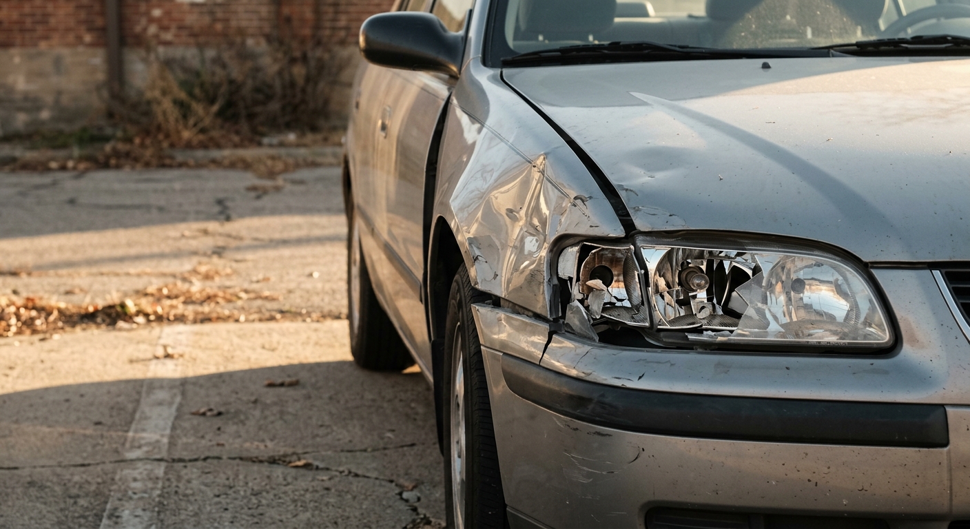 a damaged car fender with a broken headlight in daylight, no people