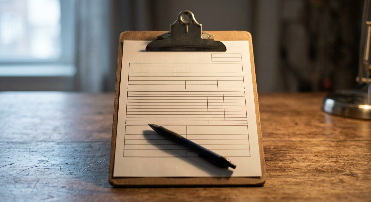 a blank auto insurance claim form on a clipboard with a pen