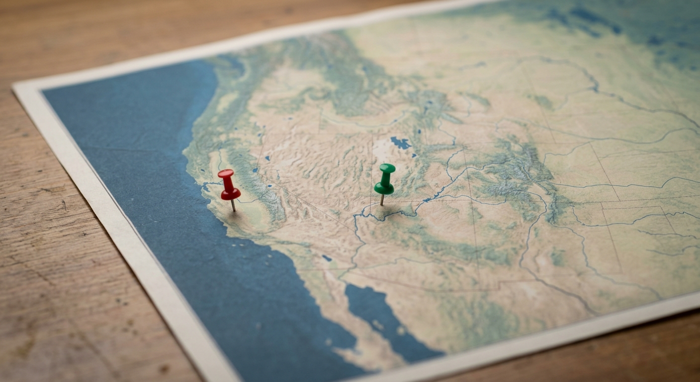 a printed map of the United States on a desk with a few small colored pins