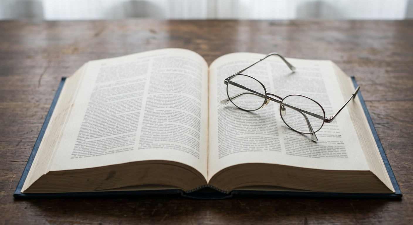 an open law book to a dense statute page with reading glasses resting on it
