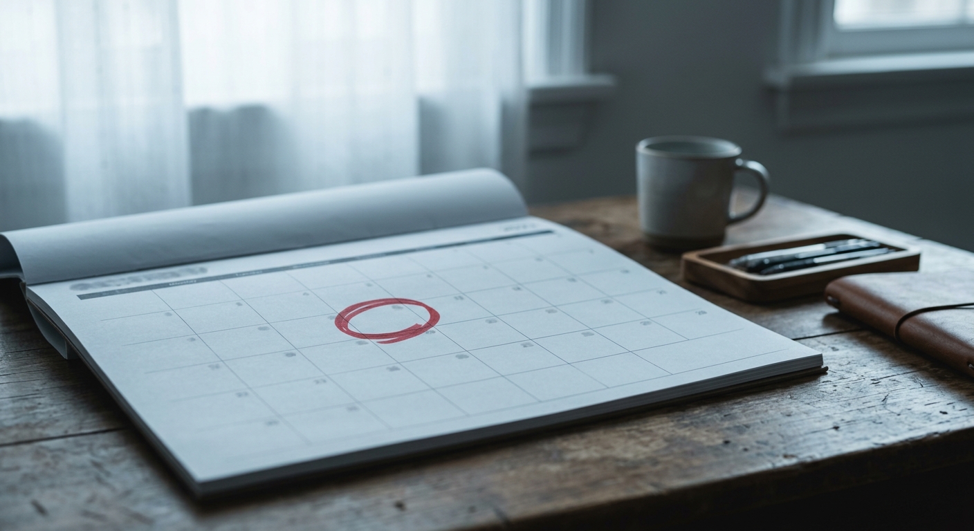 a wall calendar with one date circled in red marker on a desk