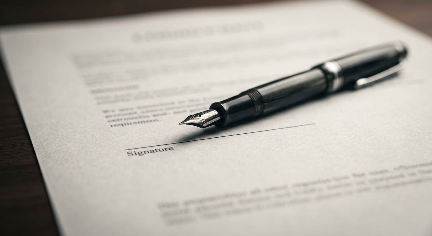 a fountain pen resting on the signature line of a printed document