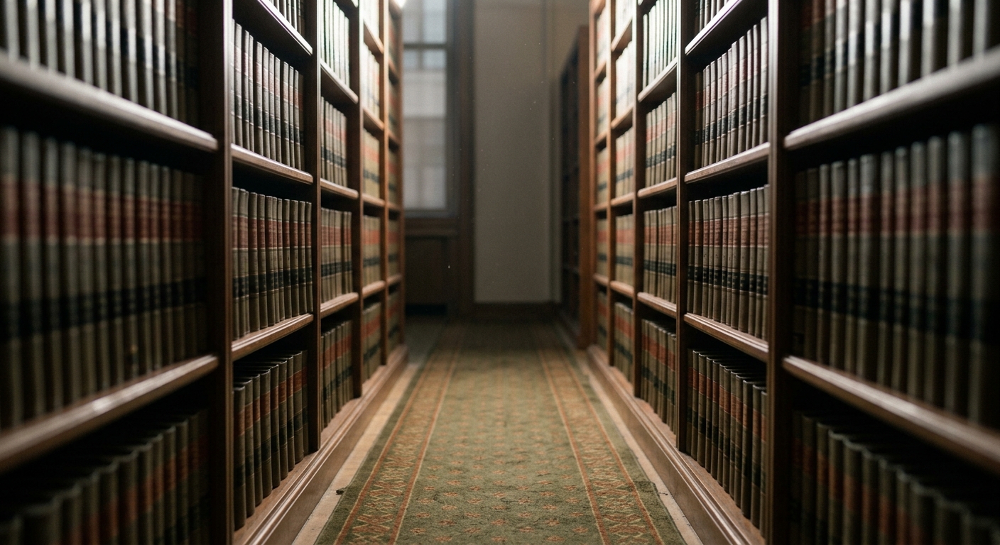 a quiet law library aisle with tall shelves of bound legal volumes