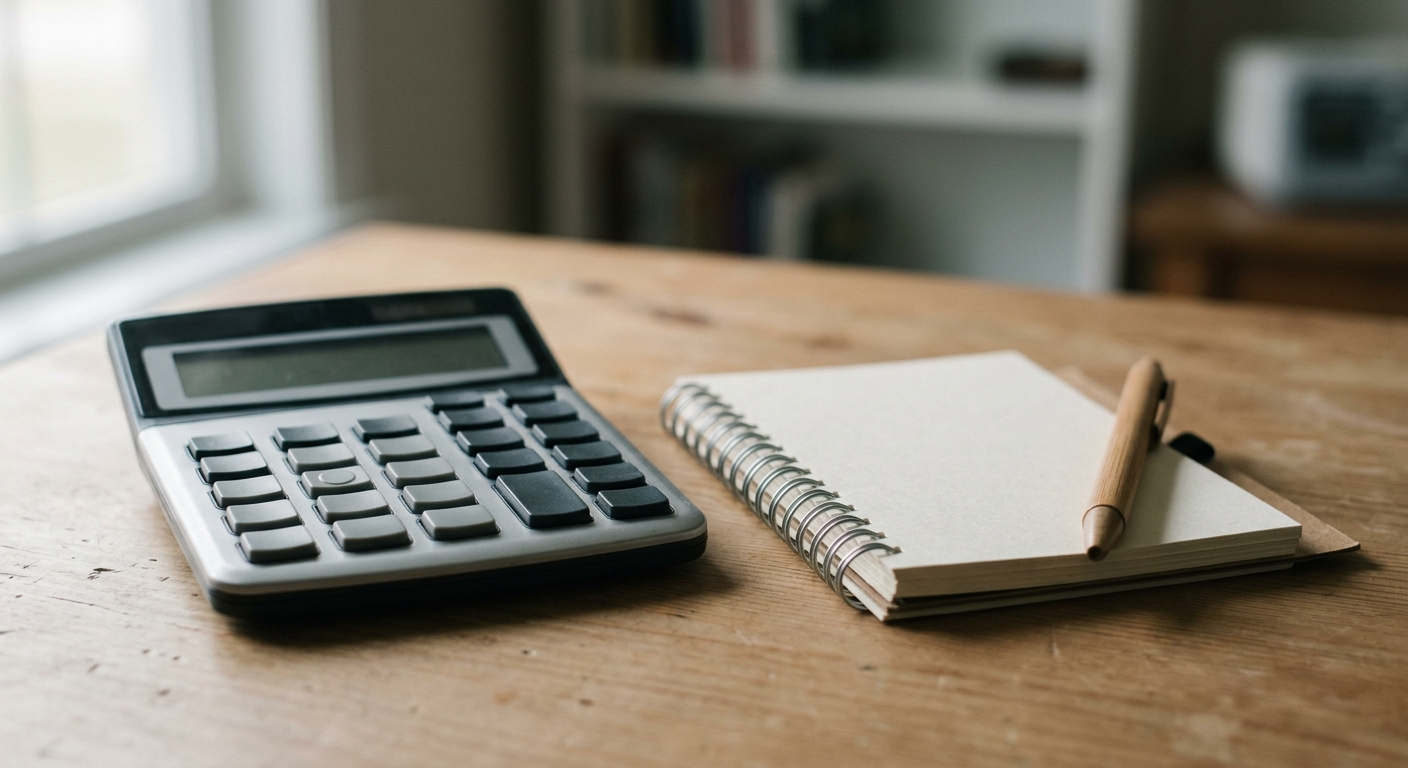 a calculator and a notepad on a desk in soft daylight