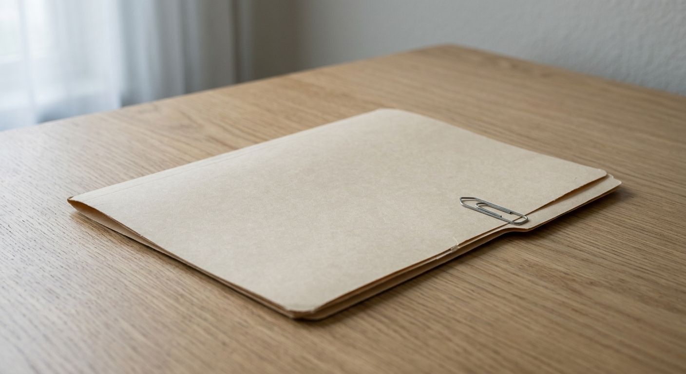 a closed manila folder with a paper clip on a clean desk