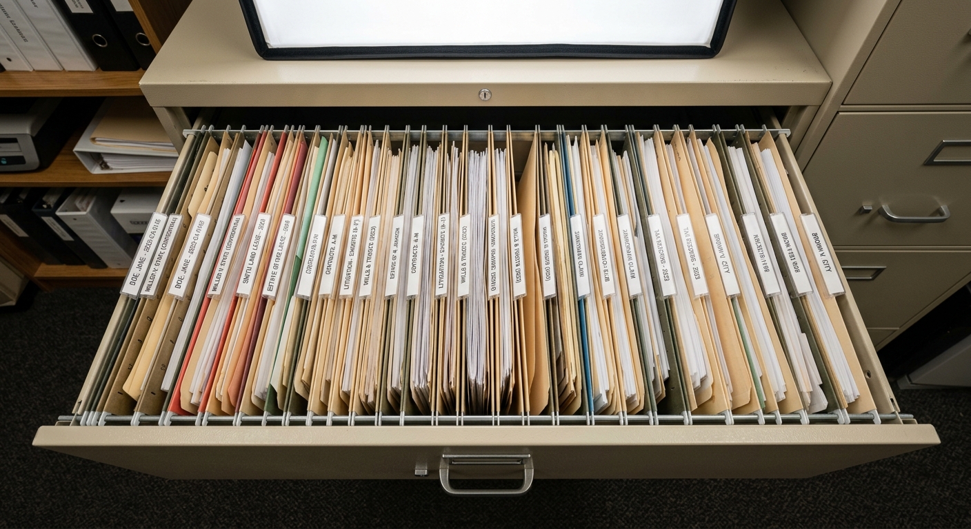 United States filing cabinet with organized legal folders