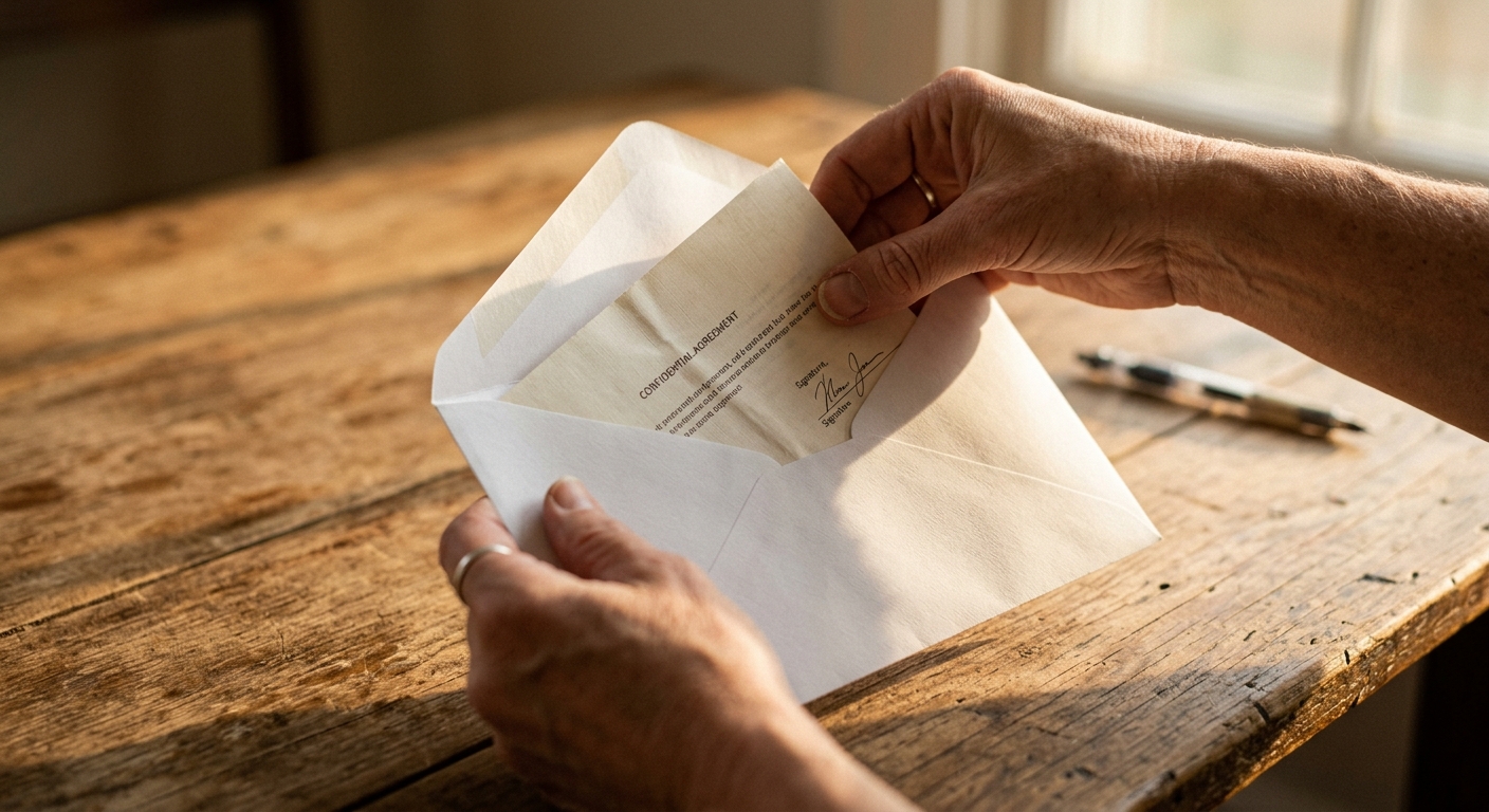 United States hands placing a document into a white envelope