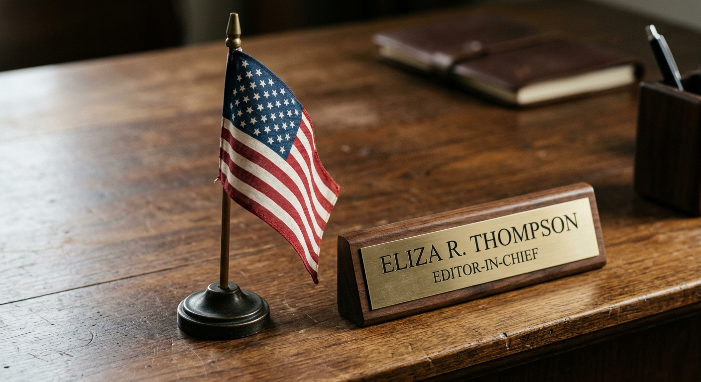 United States small american flag standing on a desk beside a nameplate