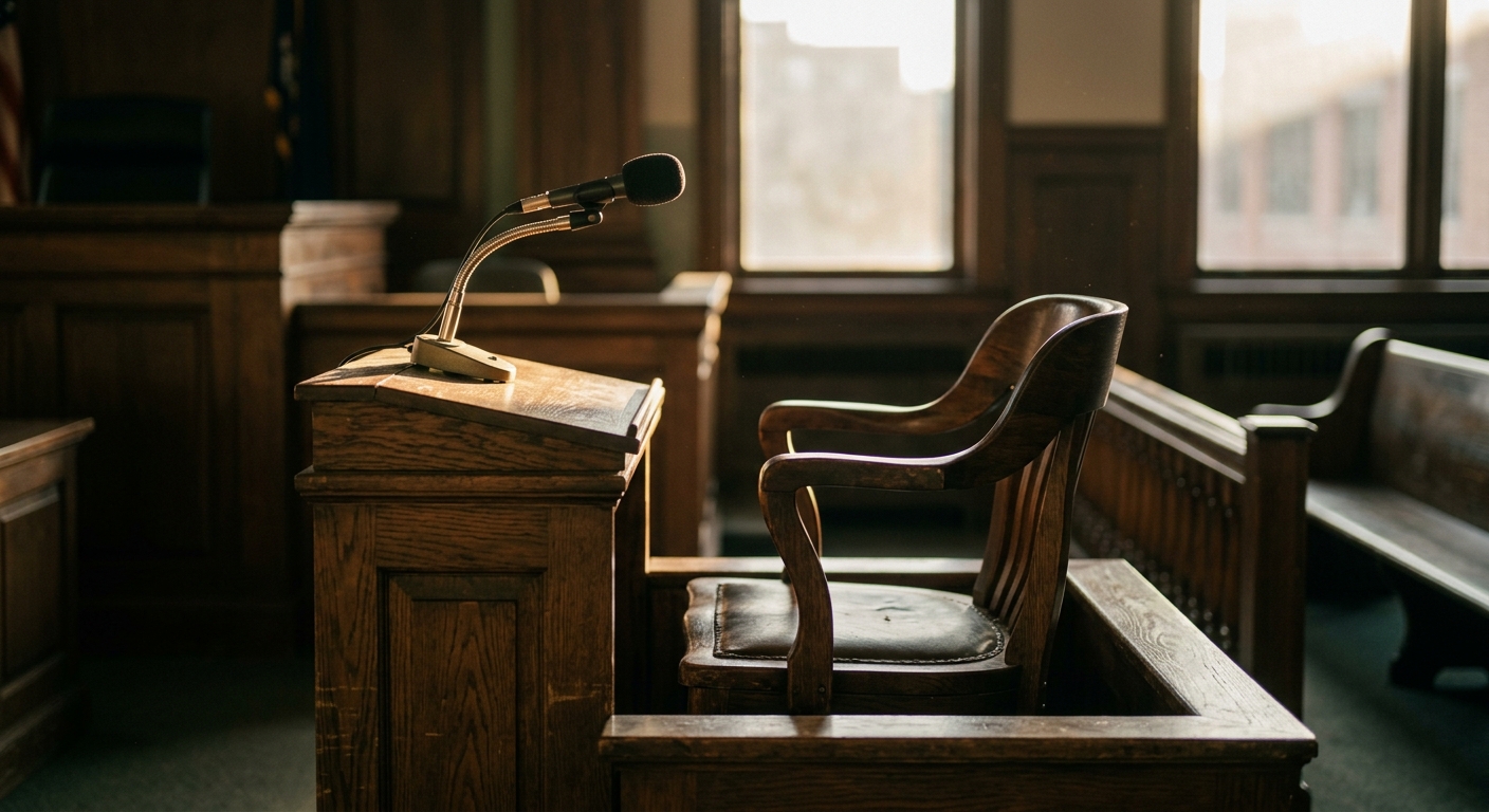 United States witness chair in a courtroom with a microphone