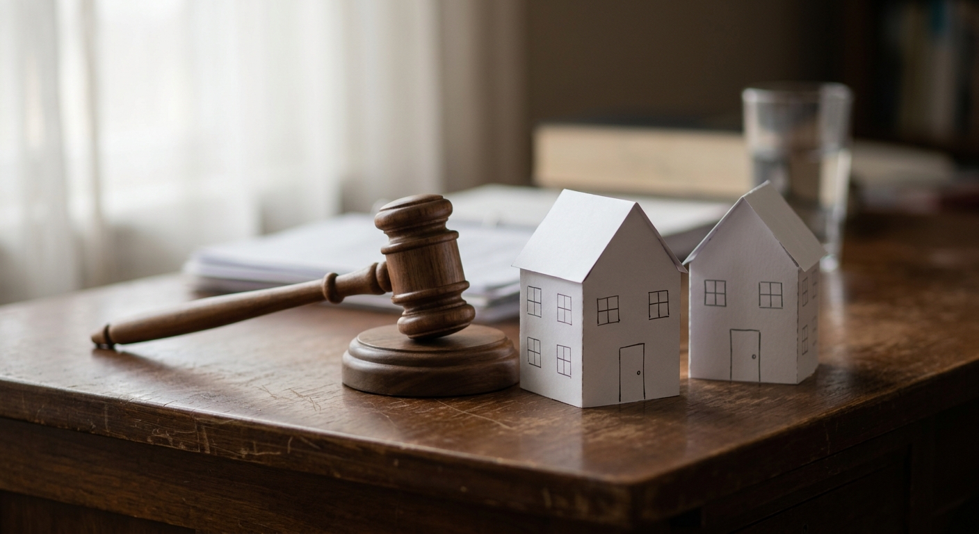 a wooden judge gavel beside two small paper house cutouts on a desk, no people