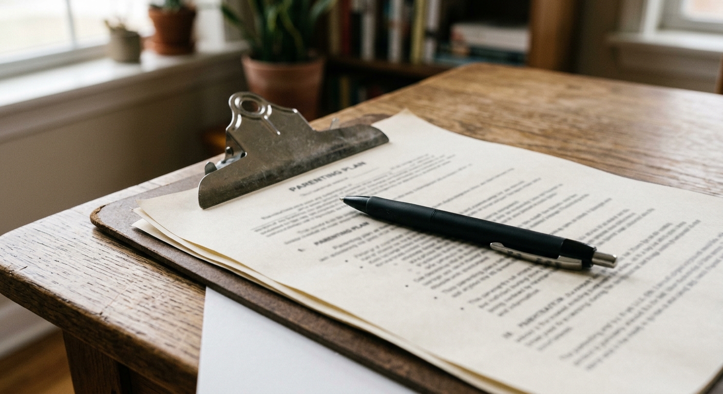 a printed parenting plan document on a clipboard with a pen