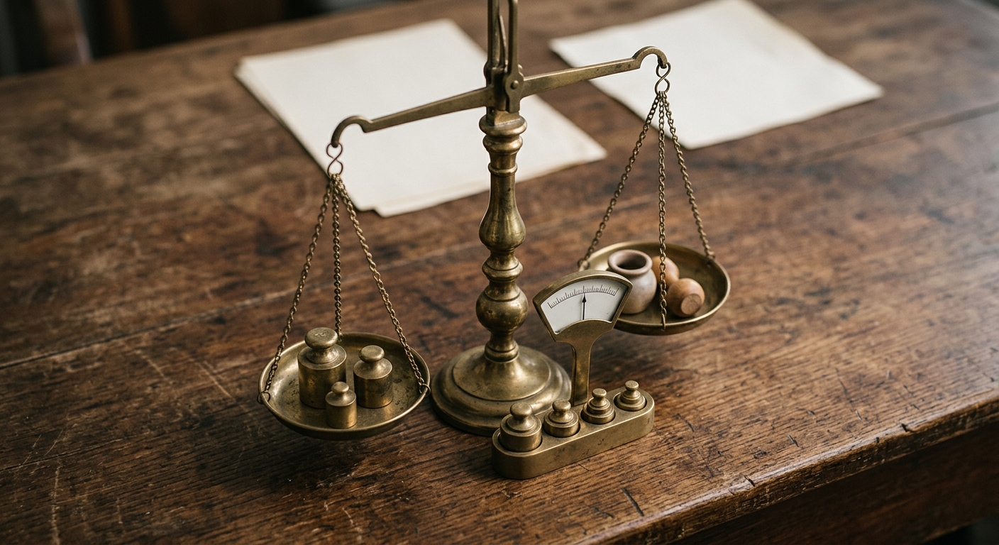 a brass set of balance scales on a wooden desk