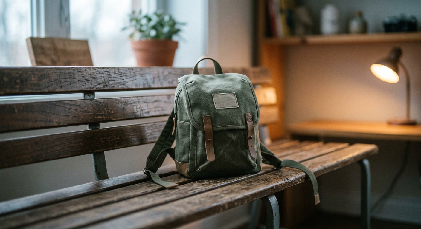 a small childs backpack resting on a bench, no people