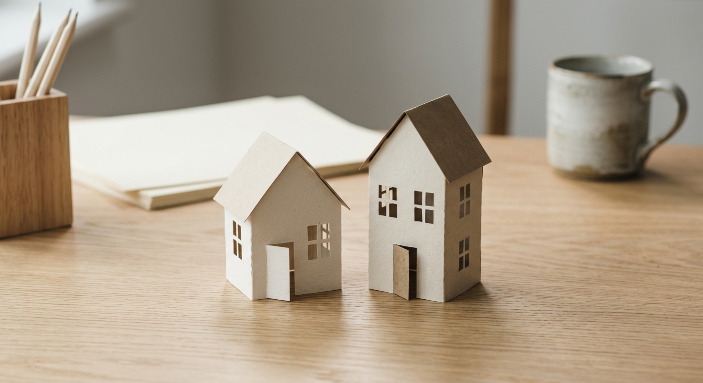 two simple paper house cutouts side by side on a clean desk, no people