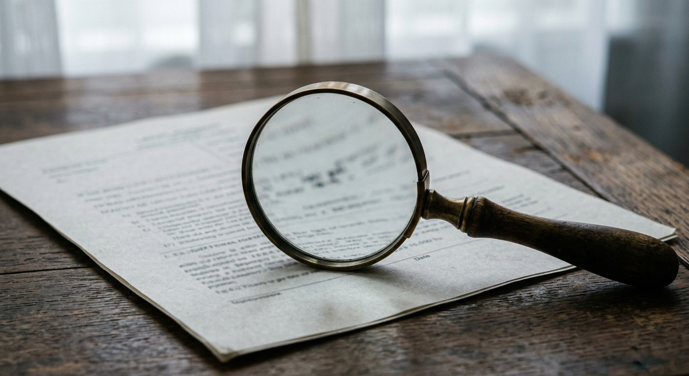 a magnifying glass resting on a printed legal document on a desk