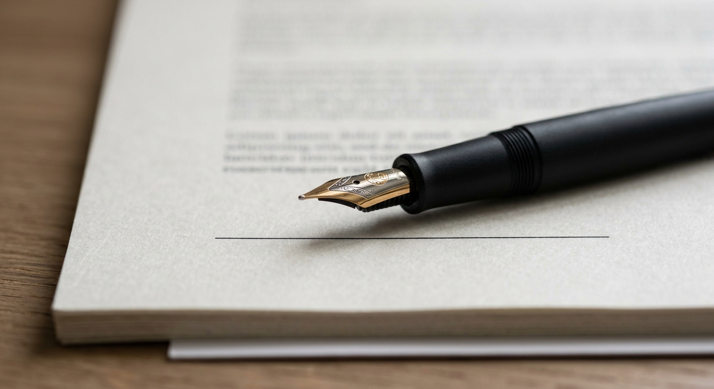 a fountain pen resting on the signature line of a printed agreement