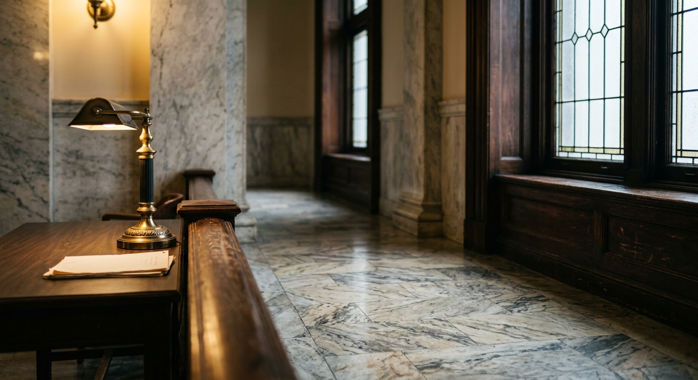 a courthouse hallway with marble floors and tall windows