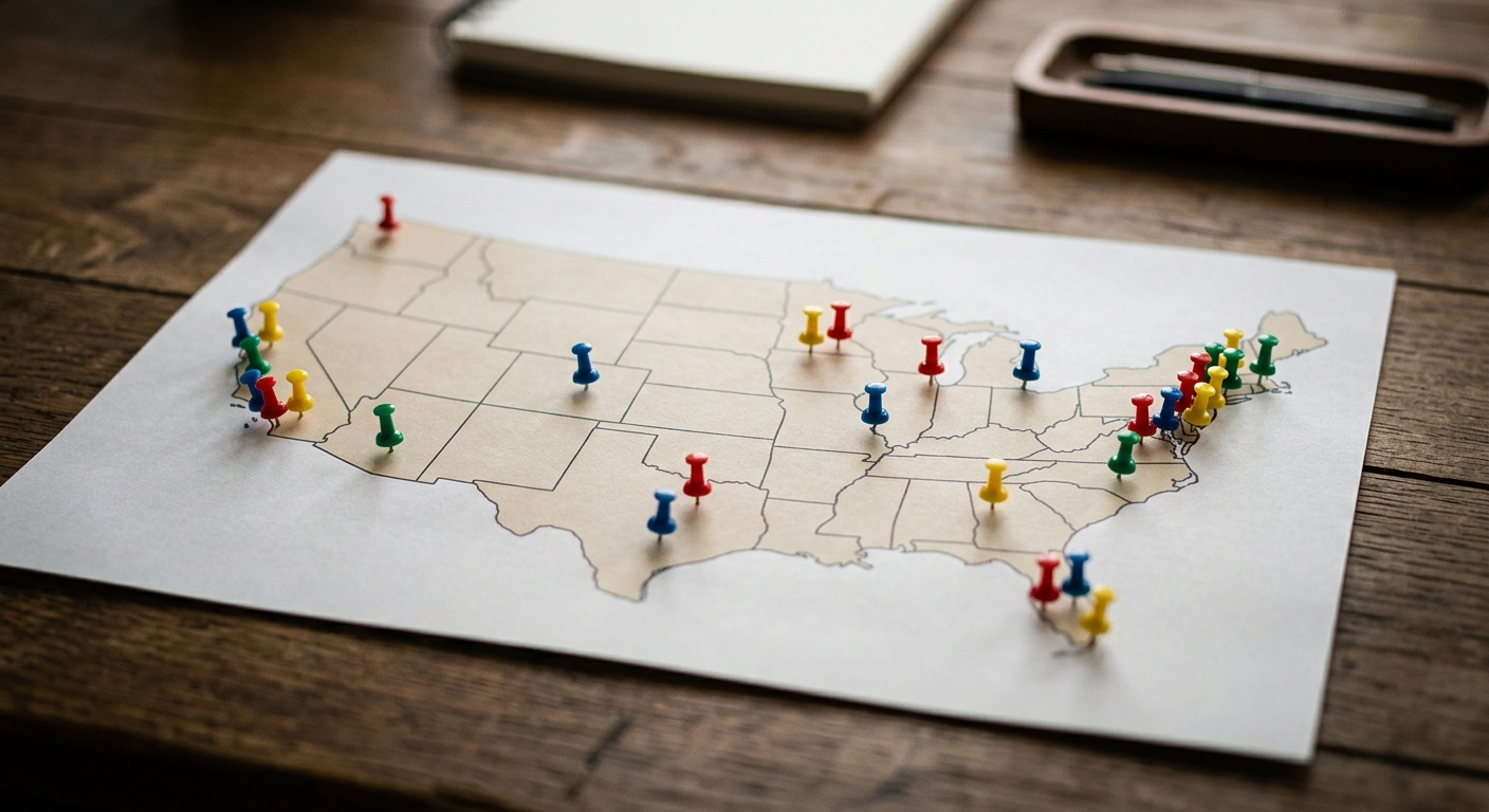 a printed map of the United States on a desk with colored pins