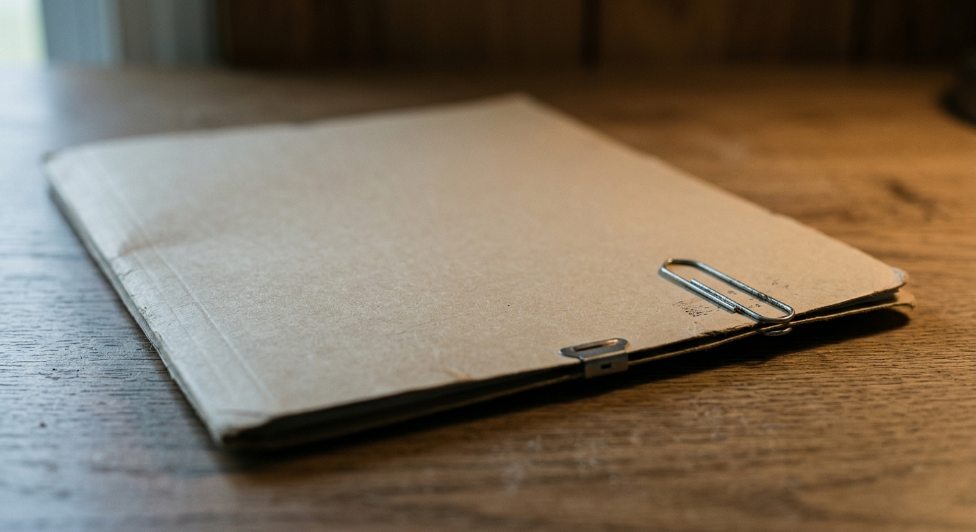 a closed manila folder with a paper clip on a clean desk