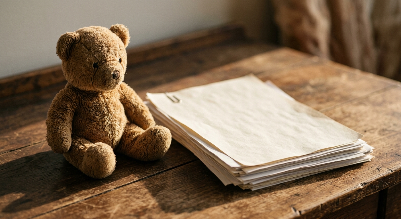 a teddy bear beside a stack of papers on a wooden desk, no people