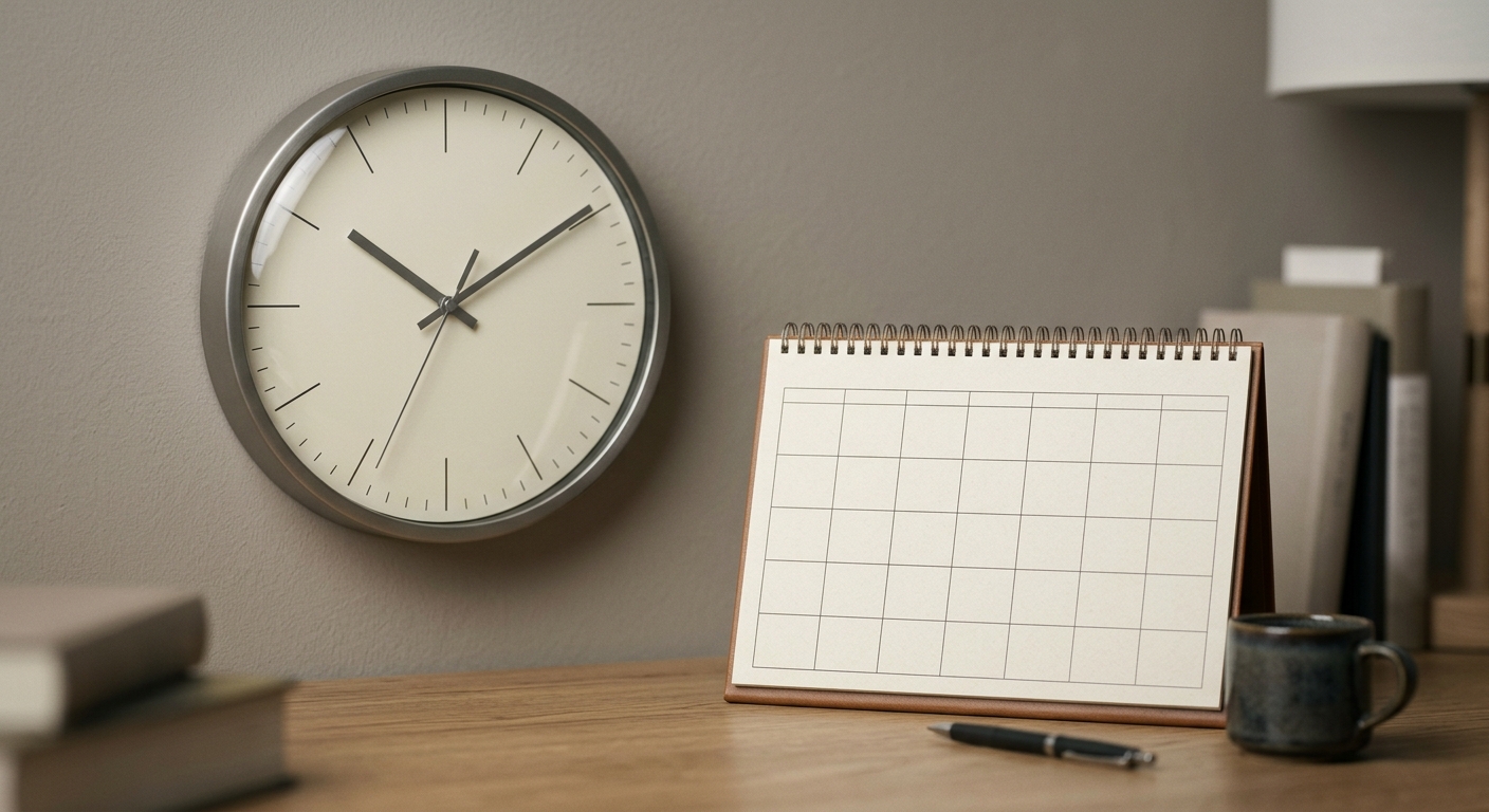 a wall clock and a calendar on a desk in soft daylight