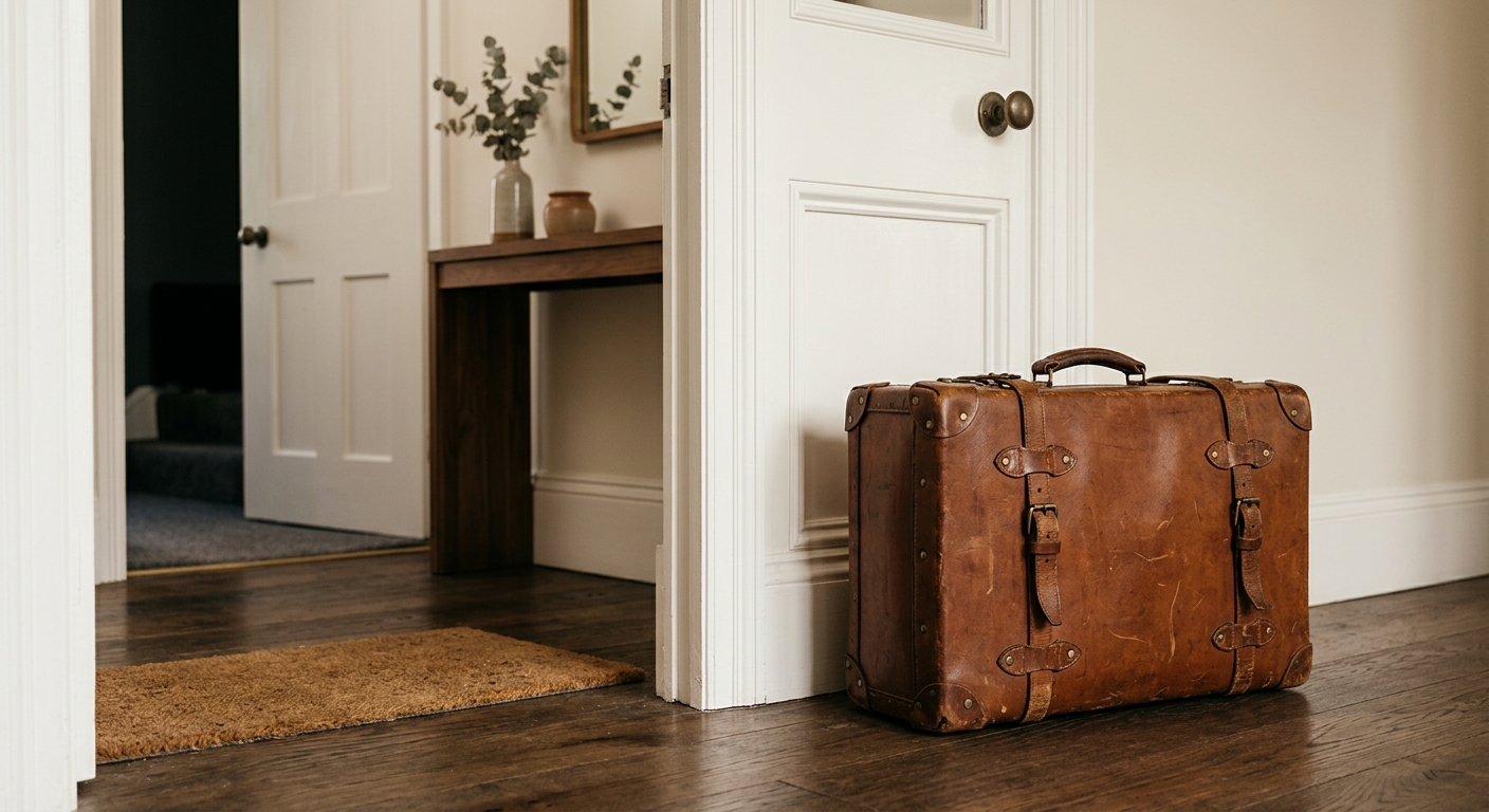 a single suitcase by a doorway in warm light, no people