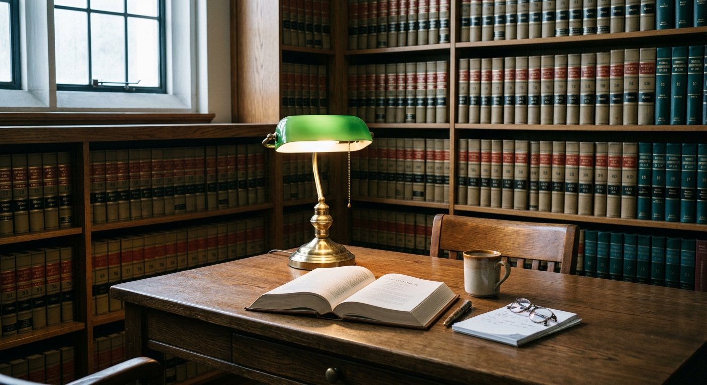 Nova Scotia library reading room with rows of law books and a wooden desk