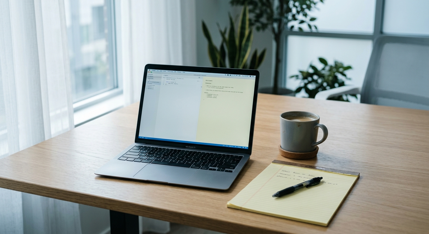 Pei clean desk with a laptop, legal pad, and coffee mug in a modern office