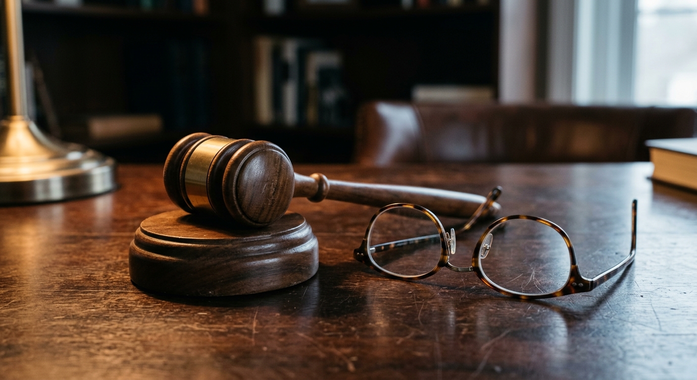 Nova Scotia gavel resting next to reading glasses on a dark surface