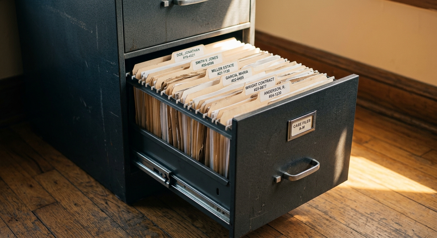 United States filing cabinet with organized legal folders