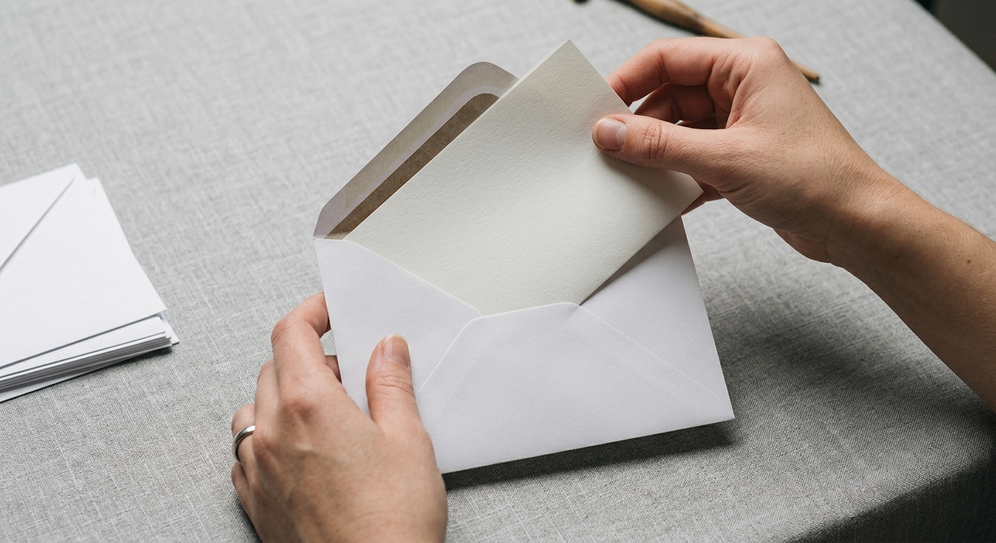 Quebec hands placing a document into a white envelope