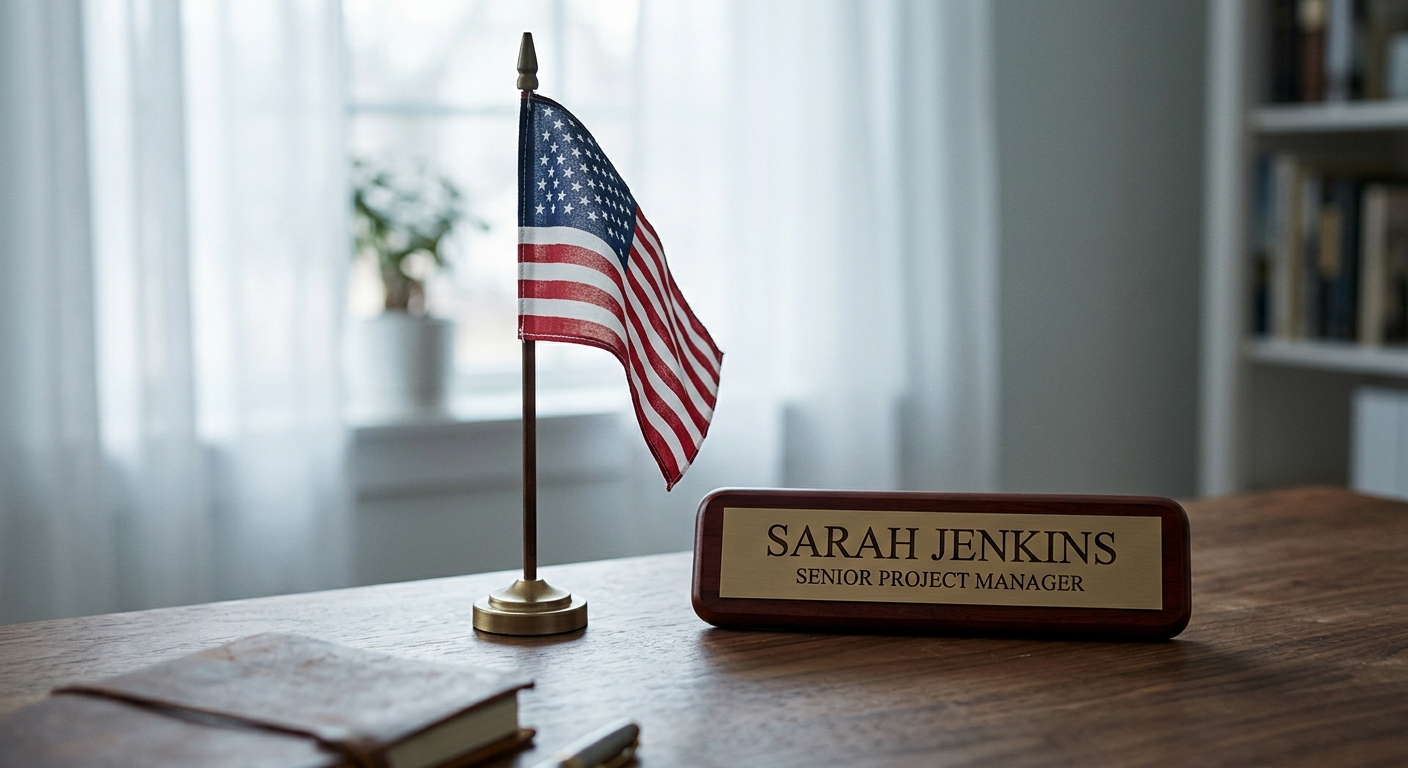 Ontario small american flag standing on a desk beside a nameplate