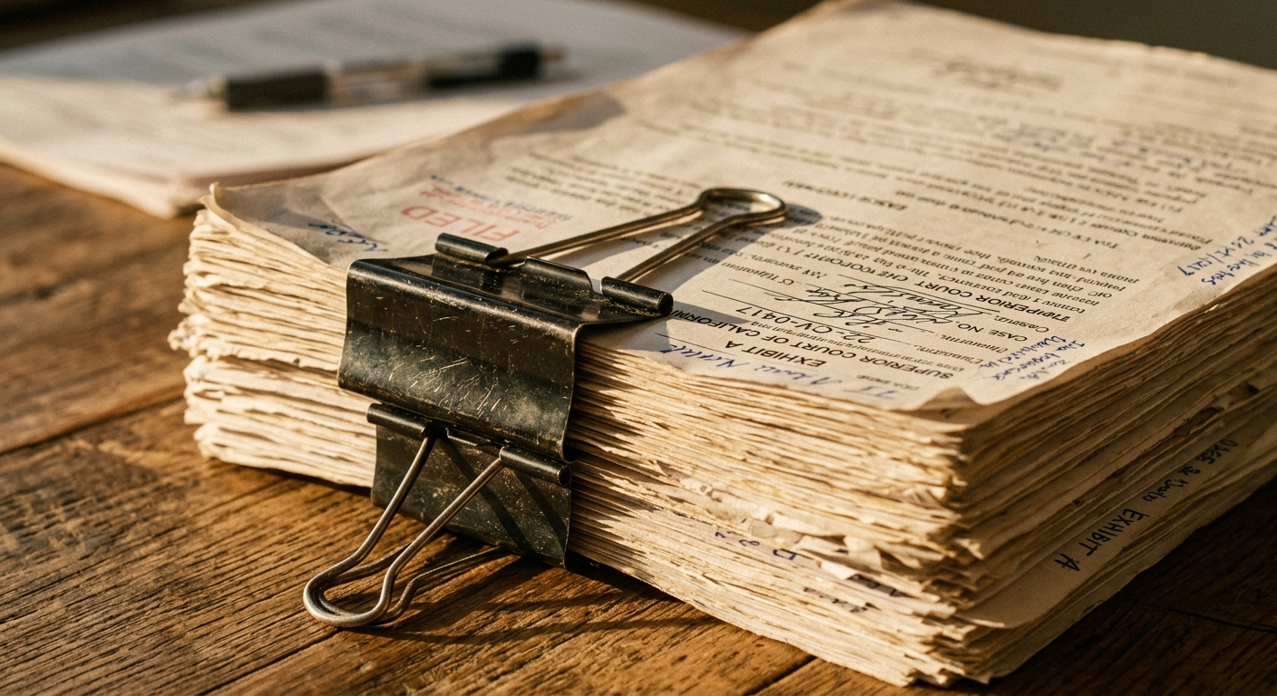 United States stack of court documents held together with a binder clip
