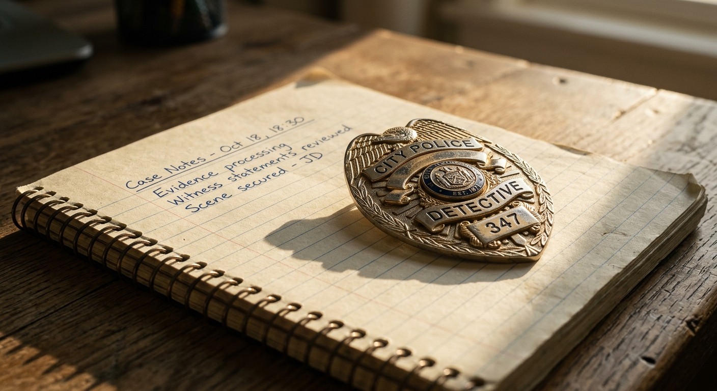 United States police badge resting on a notebook