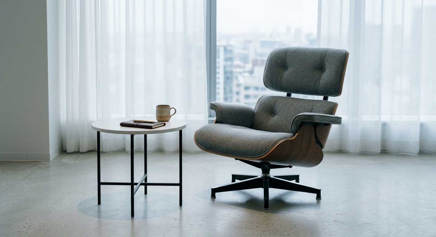 United States modern office reception area with a single chair and small table