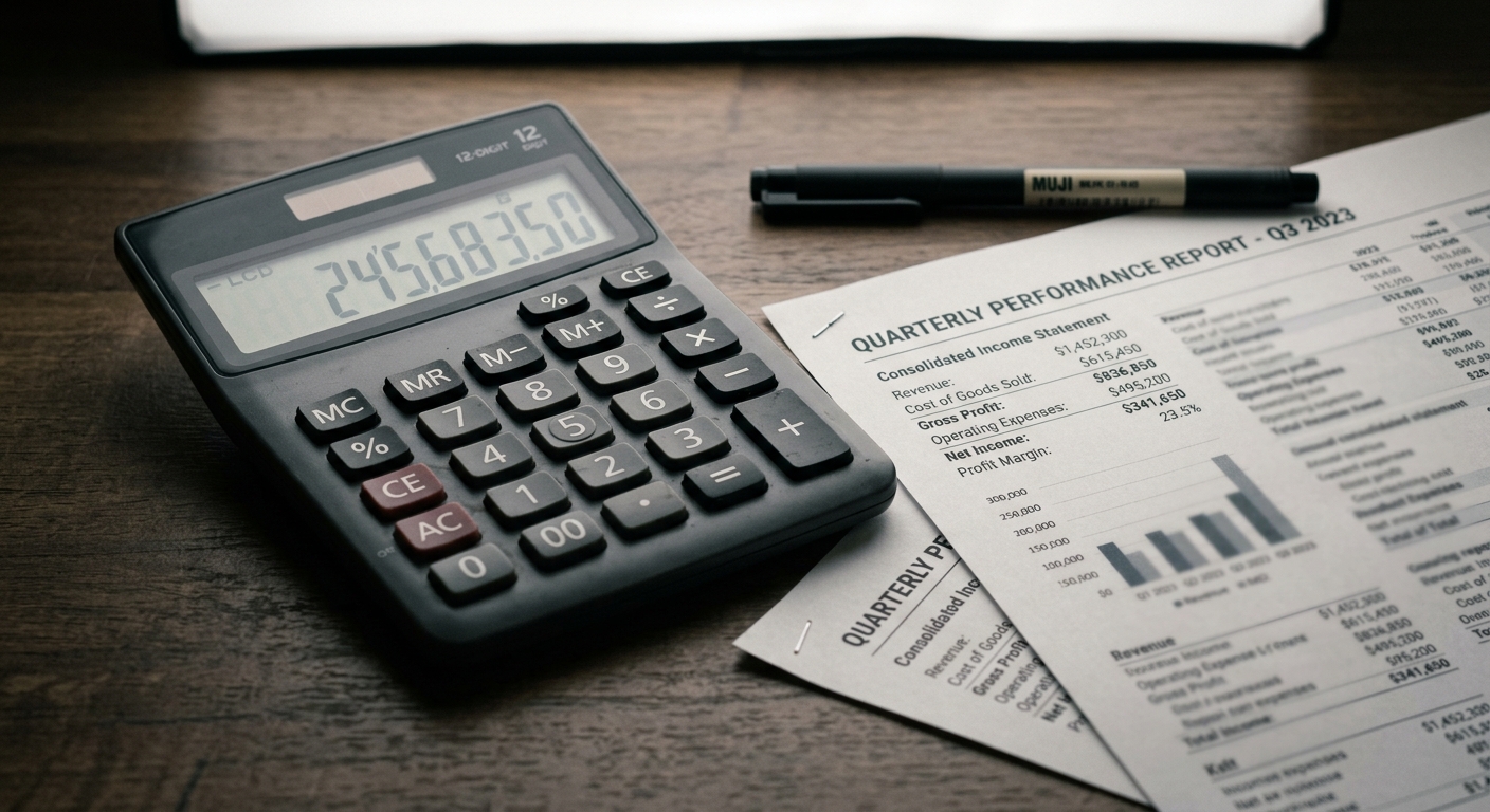 United States calculator beside printed financial statements on a desk