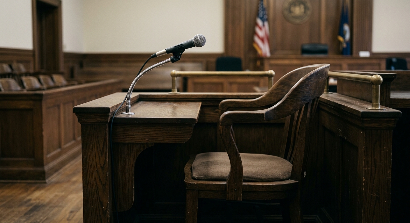 United States witness chair in a courtroom with a microphone