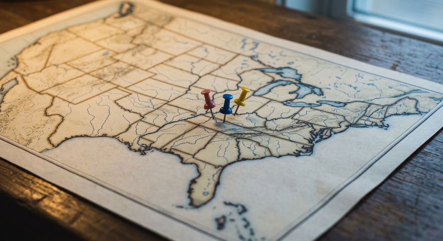 a printed map of the United States on a desk with a few small colored pins