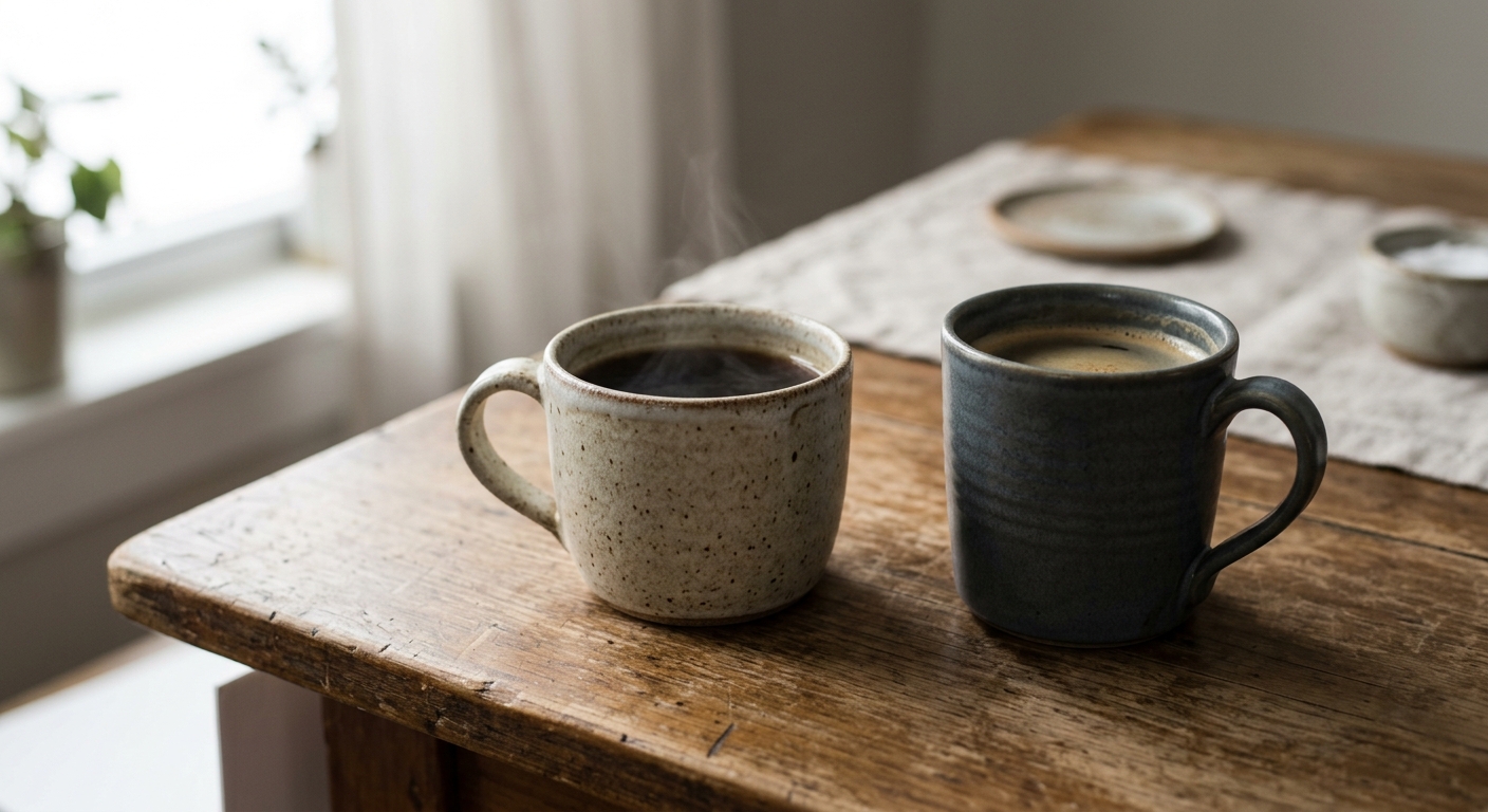 two coffee mugs side by side on a kitchen table in morning light