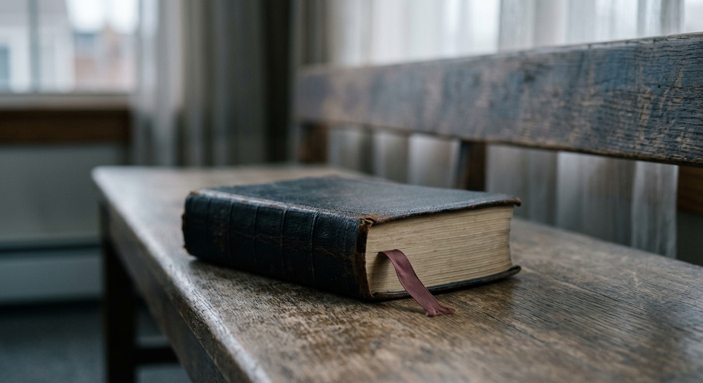a closed law book with a faded ribbon marker resting on a bench