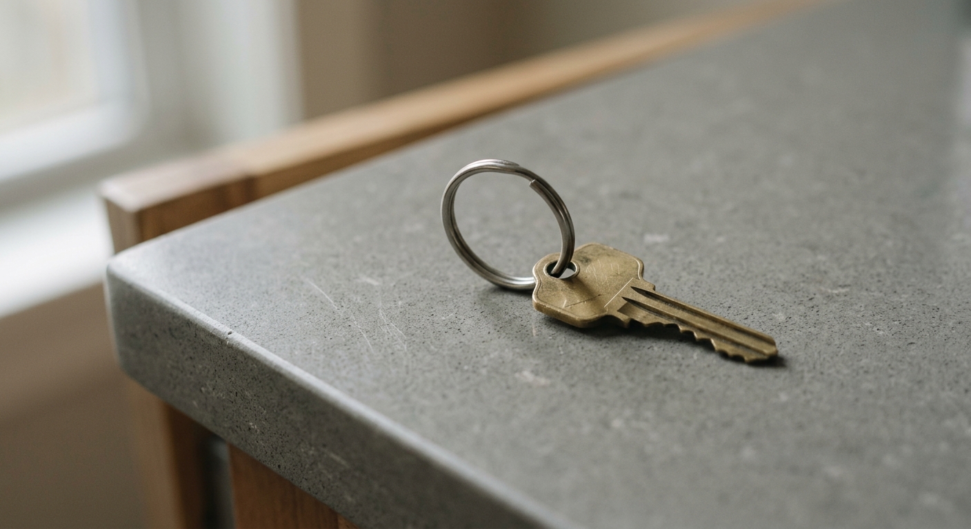 a single house key on a plain ring resting on a counter