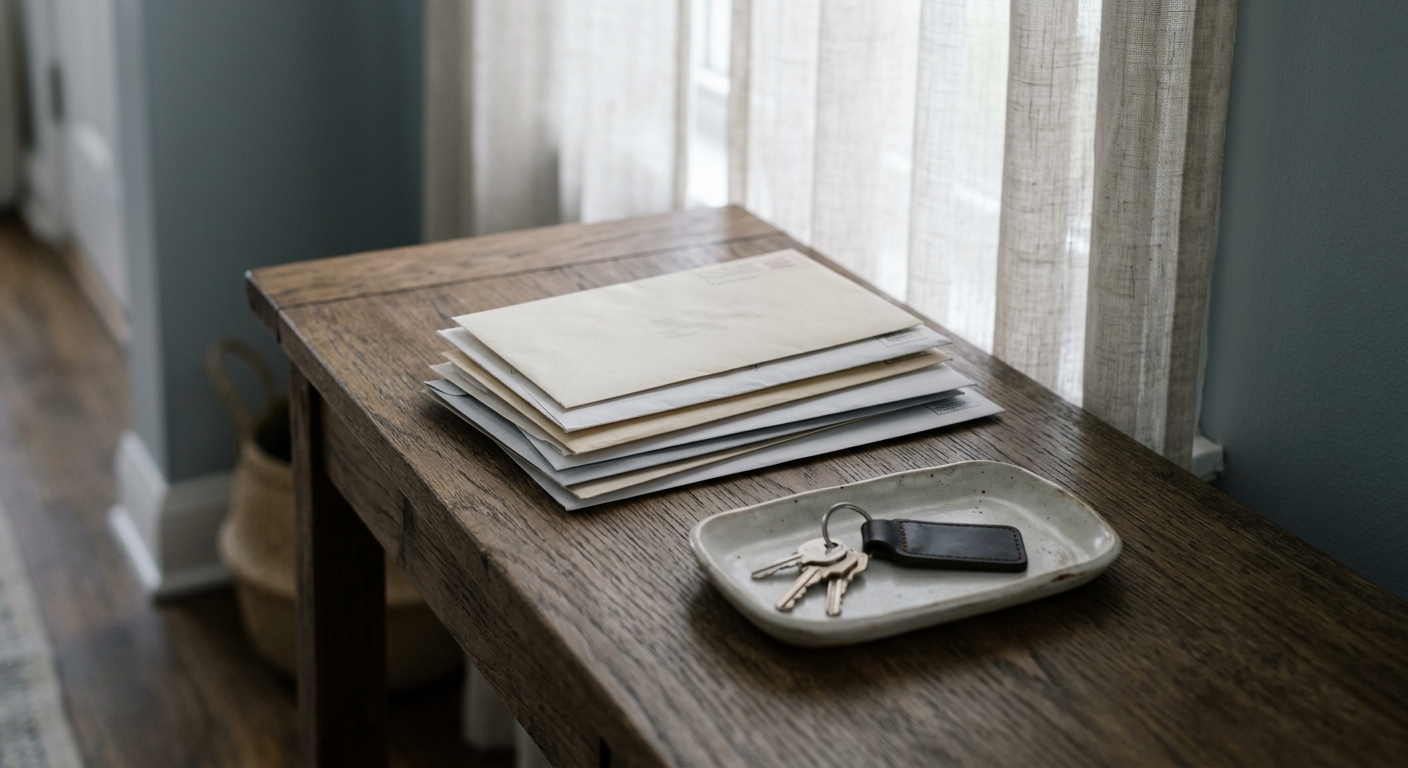 a stack of envelopes and a small tray on an entryway table