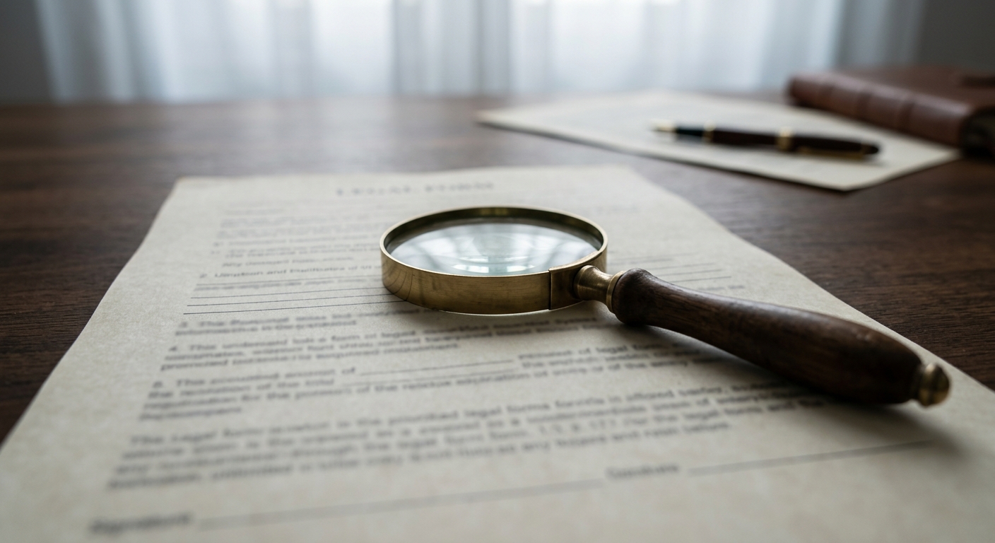 a magnifying glass resting on a printed legal form on a desk
