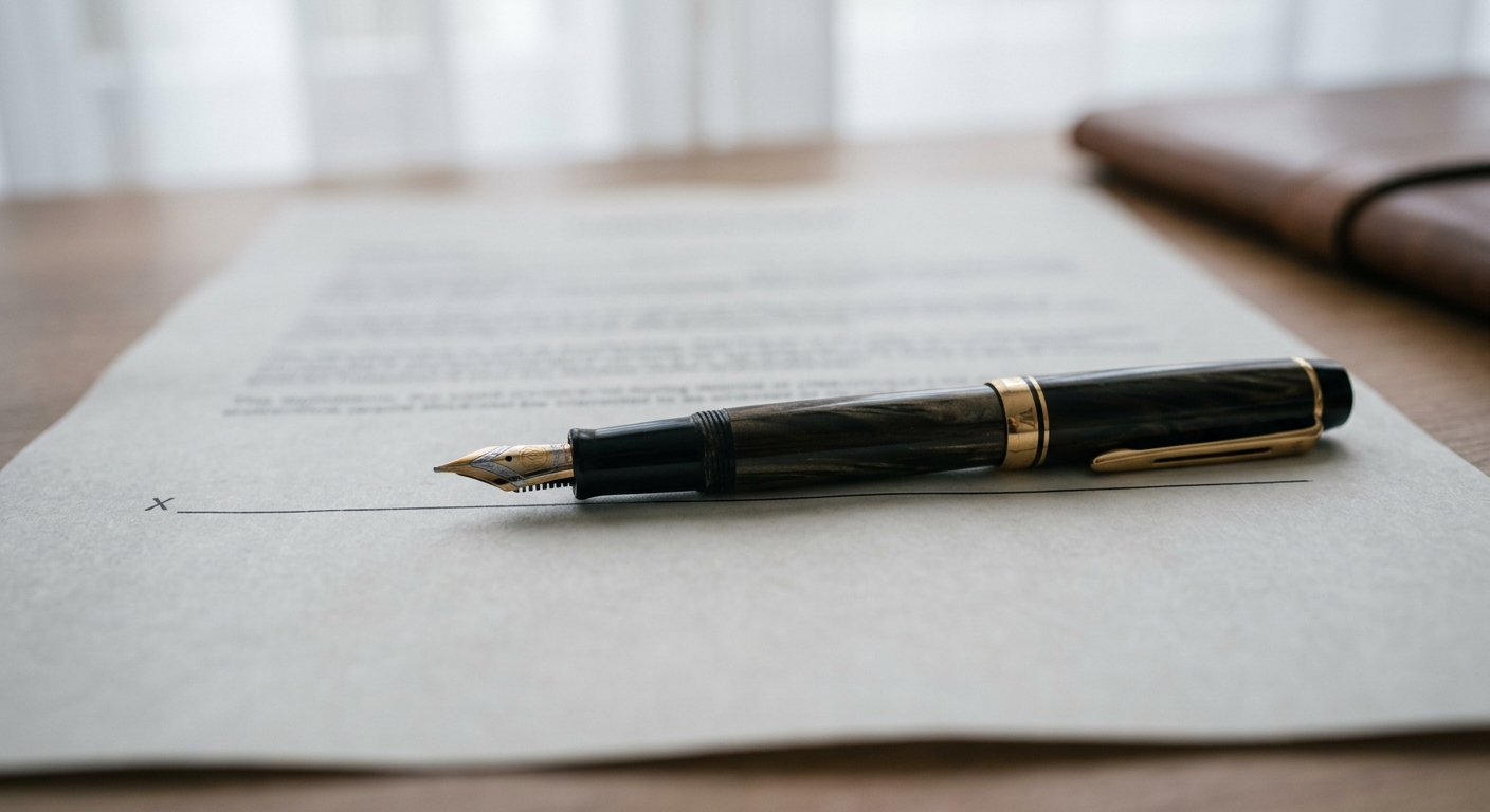 a fountain pen resting on the signature line of a printed document